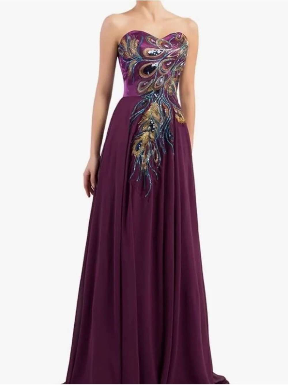 Grace Karin Strapless Plum Evening Gown with Embellished Peacock Motif